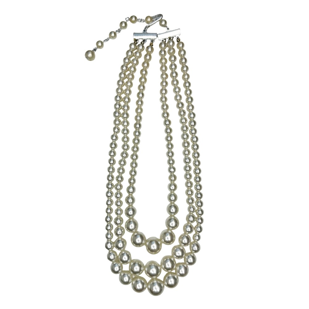 VINTAGE Triple Strand Faux Pearl Necklace • silver tone, white • preppy chic